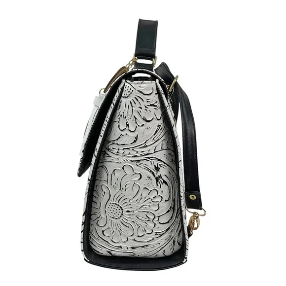 LEATHER Black & White BACKPACK Embossed Tooled Artisan Shoulder Bag Purse Hobo Natalia Tooled Leather Convertible Backpack | Black main image 4
